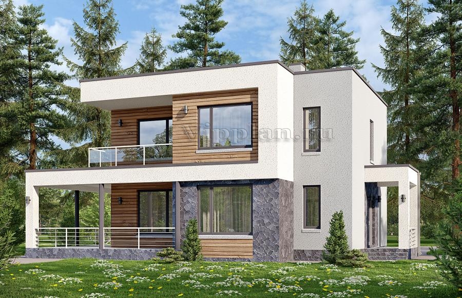 Двухэтажный дом с плоской кровлей, тремя спальнями и террасой